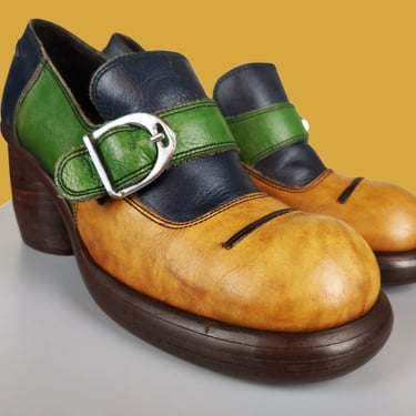 Early 970s block heels. Vintage chunky mod colorblock leather slip-on loafer heels. (7) 