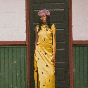 SARONG DRESS IN YELLOW AND BLUE MASHROO