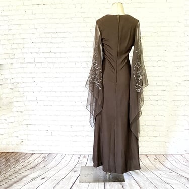 Angel Wing • Maxi Dress • 1970s • Formal • Chiffon Butterfly Sleeves • Fairy Princess • Romantic Gown • Brown • Silver Glitter • Boho 