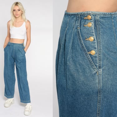 90s Denim Trousers High Waisted Nautical Pants Straight Leg Pleated Jeans Retro High Waist 1990s Vintage Sailor Bottoms Extra Small xs 2 