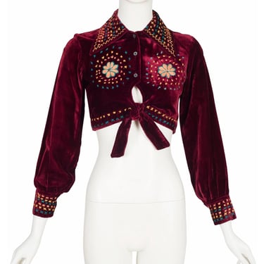 Sing & Smile 1970s Vintage Hand-Embroidered Burgundy Rayon Velvet Cropped Top 