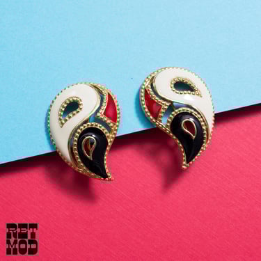 Chunky Vintage 80s Red White Navy Gold Paisley Metal Clip-On Earrings 