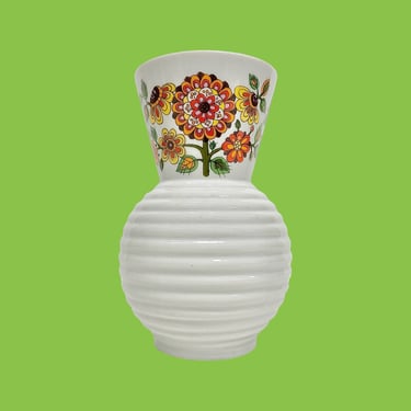Vintage Schmidt Vase Retro 1960s Mid Century Modern + Porcelana + Brasil + Small Size + White + Colorful Flower Design + Ribbed + Home Decor 