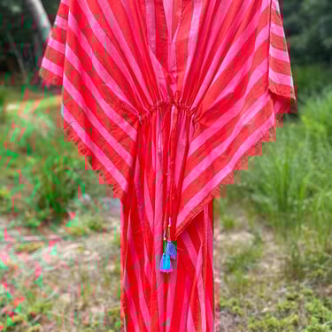 Hand Block Printed Cotton Kaftan, Beach Coverup, Long Caftan Dress, Red and Pink Stripes Caftan Dress, Block Print Stripes Caftan, Tassels 