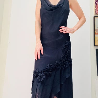 Vintage 00s Y2K Bias Cut Silk Dress Black Chiffon Tank Dress Medium Large// 90s Black Silk Floral Tank Slip Party Dress Medium Large Ice 