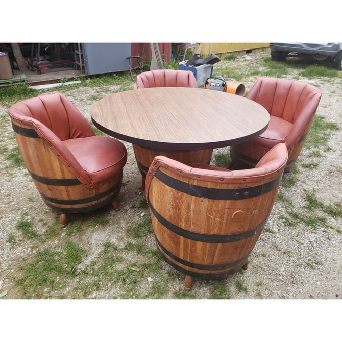 Vintage oak barrel table and deals chairs