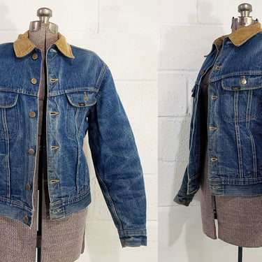 Vintage Faded Lee Storm Rider Denim Jacket Worn Wool Blanket Lined Jean Distressed Corduroy Collar Workwear Thrashed USA Medium 1970s 