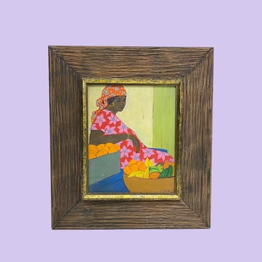 Vintage Gloria Lynn Painting 1980s Retro Size 16x14 Bohemian + Black Woman in the Market + Caribbean + Signed + Fruit Art + Home Wall Decor 