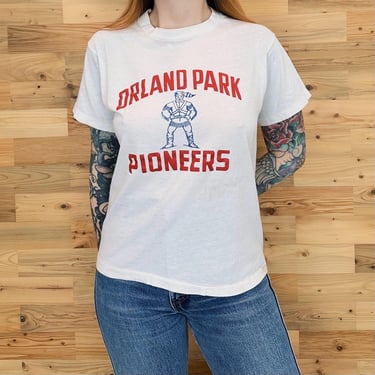 80's Vintage Worn Stained Orland Park Pioneers School Mascot Tee Shirt T-Shirt 