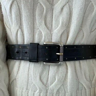 Vintage Fossil Fuel Mens Black Leather Solid Brass Buckle Studded Belt Sz 34 