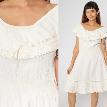 Cream Peasant Dress 90s Off Shoulder Mexican Sundress Cottagecore Cotton Bohemian Midi Dress Crochet Lace Tiered Vintage 1990s Small S 