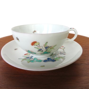 Beautiful Chantilly Kakiemon Tea Cup And Saucer From France, Hand Painted Floral Fine Bone China De Core A La Main 