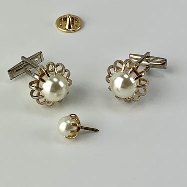 Vintage Cuff Link & Tie Tack Set - Faux Pearls Set in a Silver to a Gold Tone Finish - Cool Prong Setting Details 