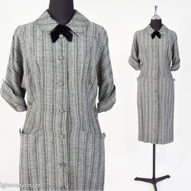 1950s Gray Stripe Dress | 50s Gray & Black Stripe Dress | Secretary Dress | Medium 