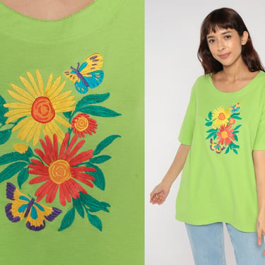 Floral Butterfly Shirt 90s Lime Green Woven Tee Embroidered Flower Blouse Girly Short Sleeve Top Retro Kawaii Nature Vintage 1990s Large L 