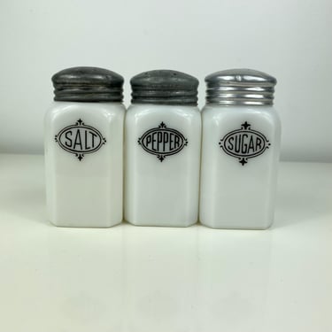 Hazel Atlas Black Shield Salt, Pepper, Sugar Square Range Shakers, Milk Glass 1930s Shakers, Collectible Shaker Set, Hazel Atlas Shaker Set 