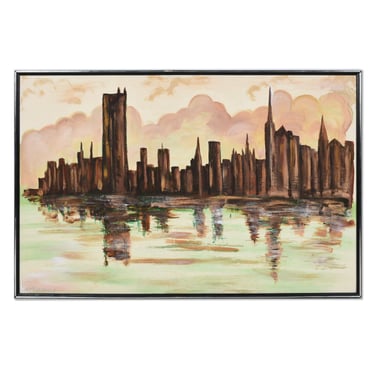 Lee Reynolds Style Green and Brown Mid-Century Modern Cityscape Skyline Painting 