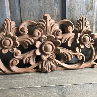 French Architectural Carved Wood Plaque, Armoire Crest, Pediment, Wall Mount, Wall Art, Wood Molding, Floral Scrolls, Architectural Salvage 