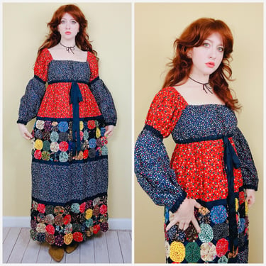 1970s Vintage Mr. Hank Psychedelic Patchwork Calico Prairie Dress / 70s Empire Waist Romantic Floral Red Rainbow Maxi / Size Small - Large 