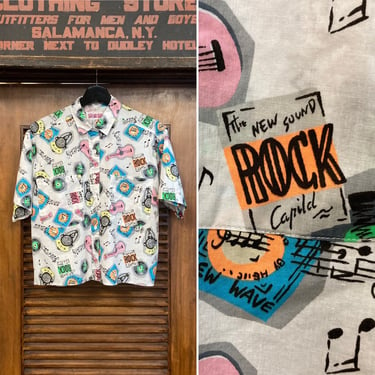 Vintage 1980’s Rock N’ Roll Music Print Cotton Shirt Top, 80’s Cotton Shirt, 80’s Music Print, 80’s New Wave Shirt, Vintage Clothing 