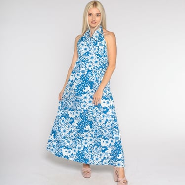70s Floral Dress Blue Maxi Boho Open Back Halter Dress Flower Print Long Sun Dress Hippie Bohemian Sleeveless Vintage 1970s Medium Petite 