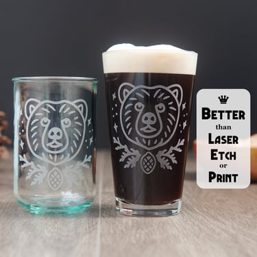 Bear Pint Glass - engraved dishwasher safe barware or recycled glassware 