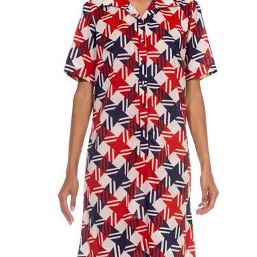 1960S Red White & Blue Polyester Gingham Plaid Print Mod Dress 