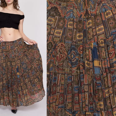 90s Gauzy Earth Tone Maxi Skirt - Medium to Large | Vintage Boho Batik Floral Long Summer Skirt 