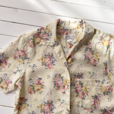 yellow linen shirt 90s y2k vintage pastel floral blouse 