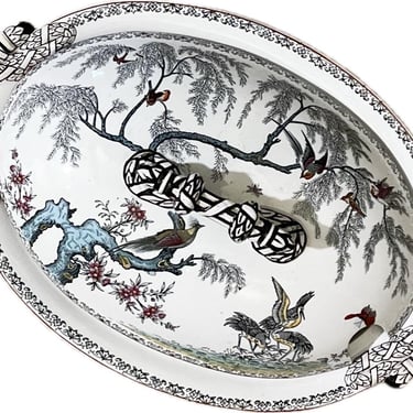 Antique Ashworth Brothers Soup Tureen Koro Peacock Covered Dish Oval Serving Bowl with Lid 1800s English Ironstone Black Transferware Birds 