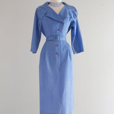 Classic 1950's Cornflower Blue Polka Dot Wiggle Dress With Dramatic Collar / ML