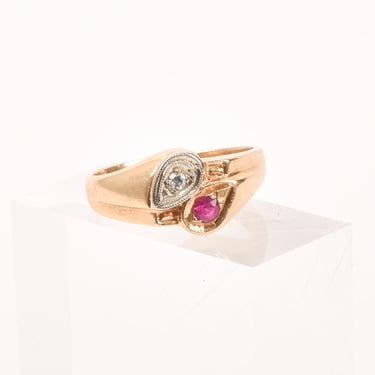 14K White and Yellow Gold Bypass Ring with Ruby and Diamond, Vintage 14K Two-Tone Gold Multi Stone Stacking Ring, Size 4 1/4 