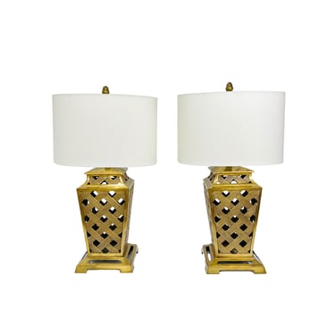 #1142 Pair of Brass Lattice Urn Lamps