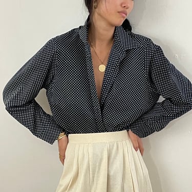 90s Ralph Lauren polka dot blouse / vintage navy blue polkadot cotton blouse | Extra Large 