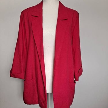 1980's Vintage Joanna Dark Pink Magenta Open Front Light Weight Linen 3/4 Sleeve Blazer M/L 