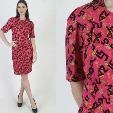 Hot Pink New Wave Dress, 80s Pencil Fit, Skinny Knee Length Skirt, Vintage Cocktail Party 