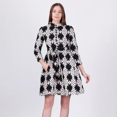 Vintage 60s Donald Brooks Black & White Quilted Babydoll Dress - Petite XS | Designer Geometric Op Art Fit Flare Long Sleeve Mini Dress 