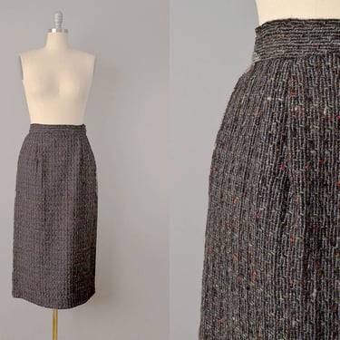 50s Skirt // 1950’s Brown/Pale Green Flecked Wool Tweed Pencil Skirt // Small 