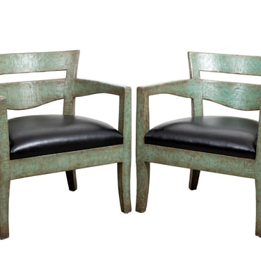 Pair of Green Glazed Open Armchairs