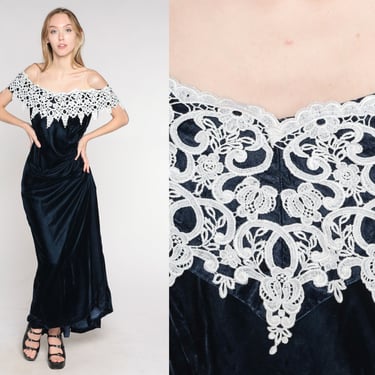 Blue Velvet Gown 90s Party Maxi Dress Off Shoulder White Lace Trim Cocktail Dress Retro Prom Formal Evening Glam Chic Vintage 1990s Small S 