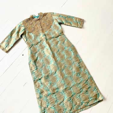 1960s Embellished Paisley Gold + Turquoise Silk Dress 