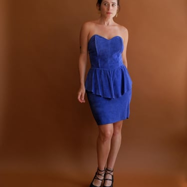 Vintage 80s Cobalt Blue Suede Peplum Dress/ 1980s Leather Strapless Sweetheart Party Dress/ Size Medium 