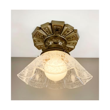 Refurbished Art Deco Ceiling Fixture with Ruffled Blown Glass Shade with Etched Floral Design - Semi Flush Mount - Antique Brass Finish 
