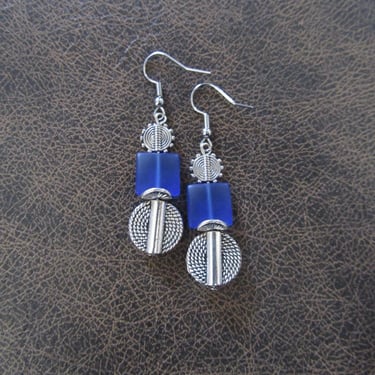 Royal blue frosted glass and silver earrings 
