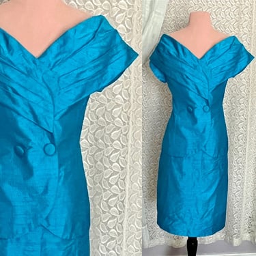 Fab 80s Off-Shoulder Top and Skirt, Teal Blue Shantung Silk, Pencil Skirt, Cocktail Dress, Evening Wear, Suit, Vintage 