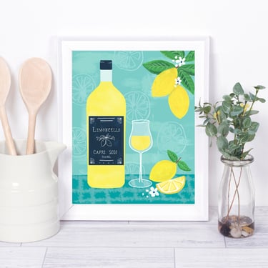 Limoncello 8 X 10 Bar Cart Print/ Yellow and Blue Cocktail Art/ Lemon Kitchen Wall Decor/ Food and Drink Illustration 