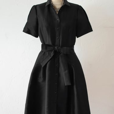 Vintage Carolina Herrera Black Silk Belted Shirt Dress M