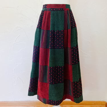 80s Corduroy Cotton Red Green Multicolored Patchwork Print Skirt | Small/27