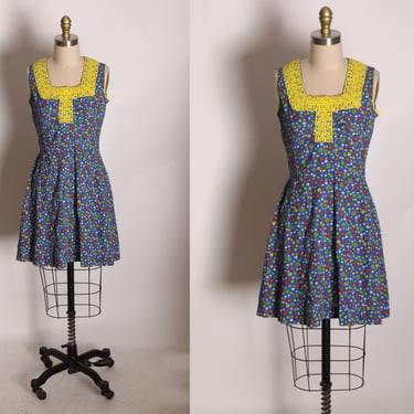 1960s Blue and Yellow Multi-Colored Sleeveless Floral Print Mini Dress -S 
