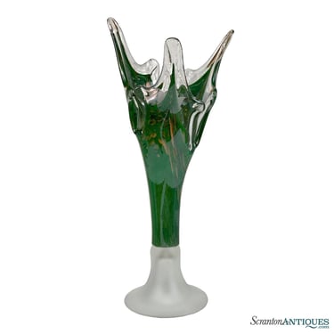 Vintage Large Italian Green Art Glass Etched Grapevine Stretch Vase